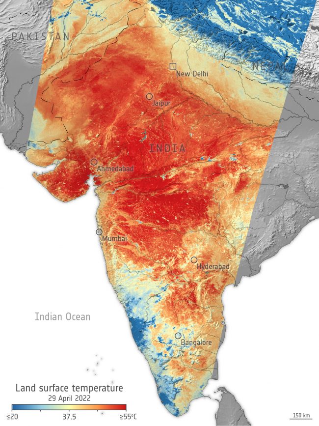 Map showing high temps in India, via satellite.