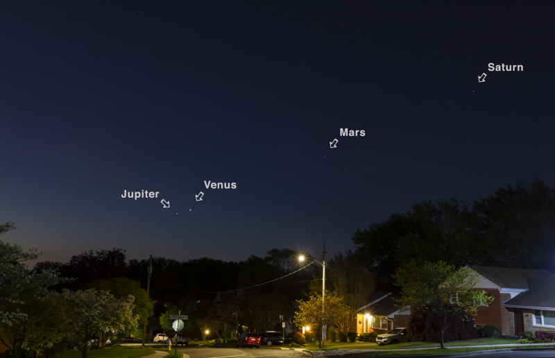 Four bright planets seen at dawn in a suburban setting.