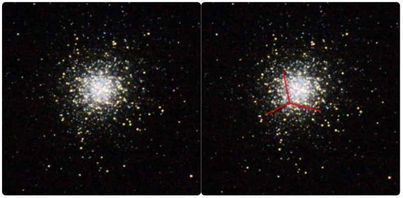 Two globular clusters, one with with three short red lines radiating from a common center.