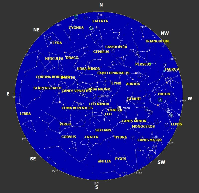 Blue circle on black with labels of constellations and lines with dots.