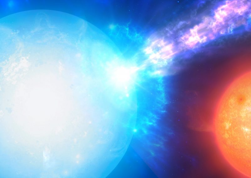 Micronova: Blue-white star with point-source explosion like a jet with reddish star in background.
