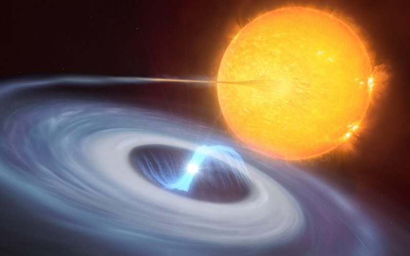 Large yellow orb with stream of material from surface creating swirling disk around small white star.