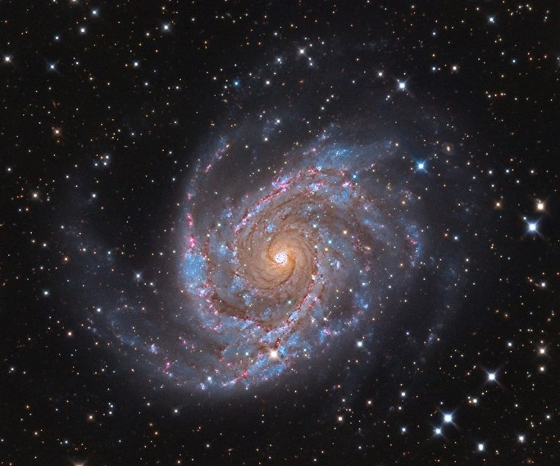 Blue and pink clusters in spiral arms with yellowish center.