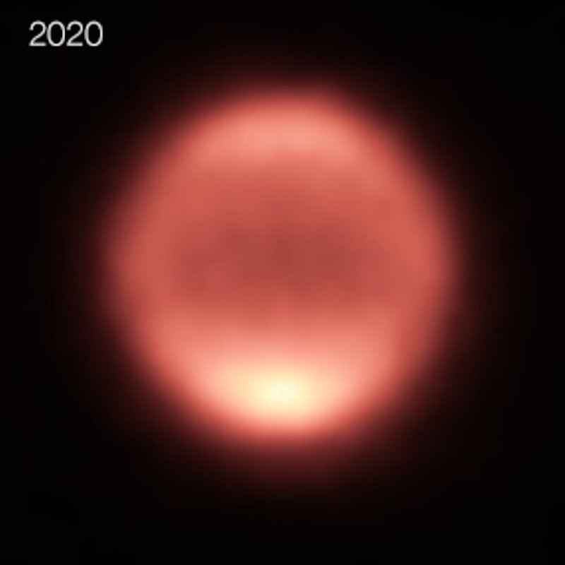 Neptune's temperatures: Fuzzy orange sphere with bright spot at the bottom on black background with the number 2020.
