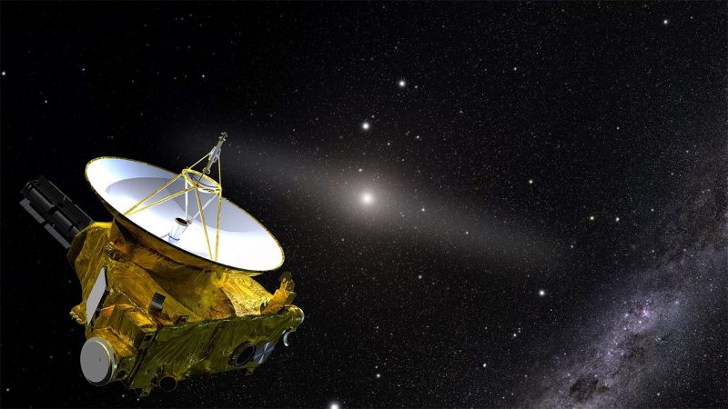 Spacecraft with radio dish floating through space beyond sun with distant Milky Way.