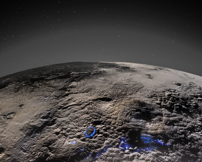 Giant ice volcanoes: Small blue circles on bumpy, rocky terrain on planet with haze and stars above it.