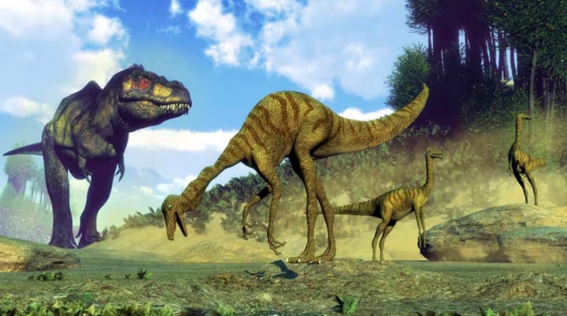 Dinosaur mystery: T Rex and some long necked other dinosaurs wander under a blue sky with puffy clouds.