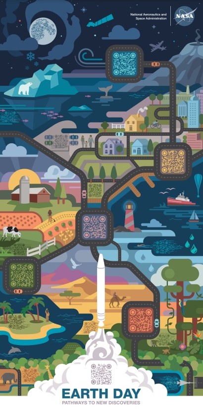 Colorful map of landscapes and sky above with QR codes.