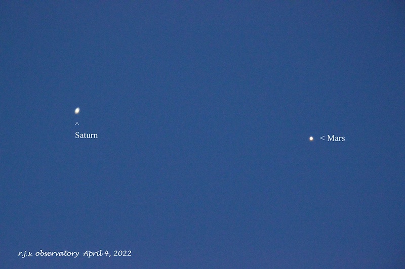 Labeled Saturn and Mars in closeup of conjunction.