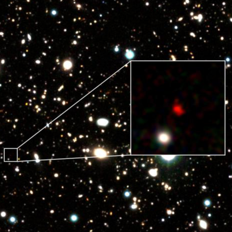 Deep-field view of many galaxies with inset box containing a red smudge, the most distant galaxy.