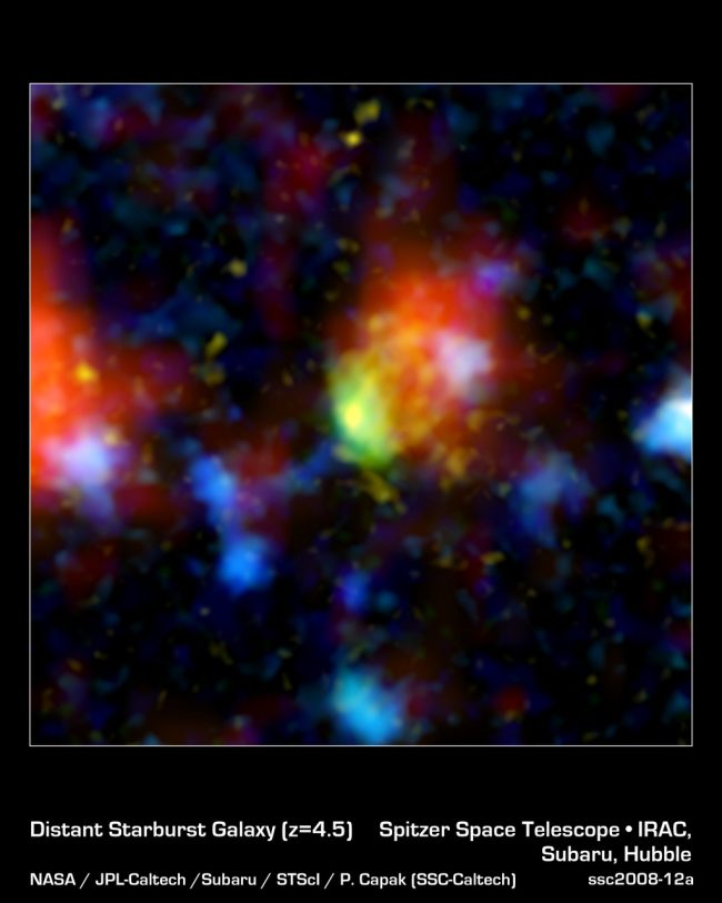 A red-green spot (a starburst galaxy).