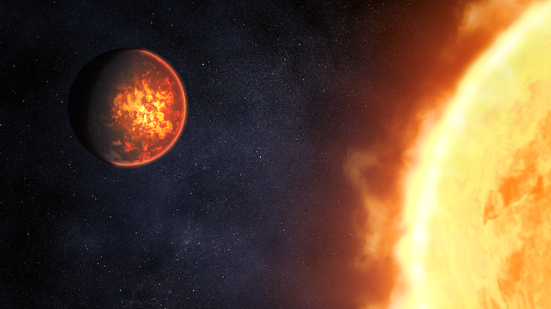 Exoplanets: Orange-yellow molten planet very close to a large, fiery star.