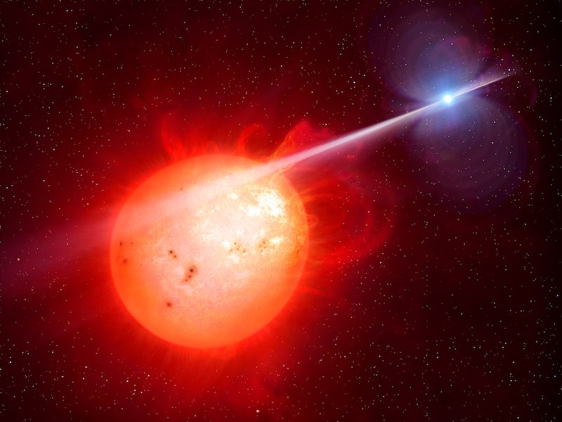 Large red star and smaller blue star close to each other.