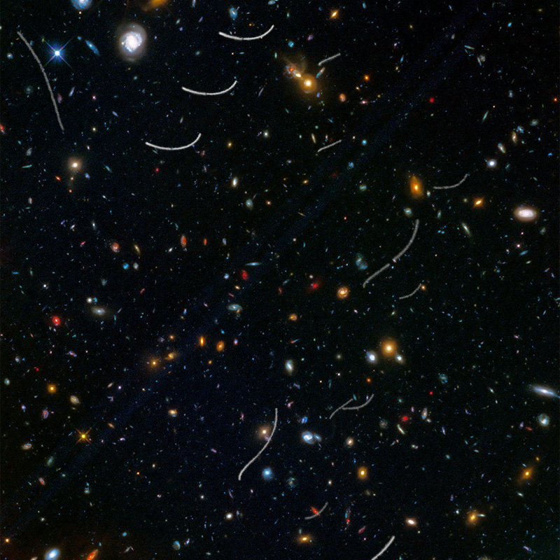 Myriads of tiny colorful galaxies and short, thin, white curved lines on black background.