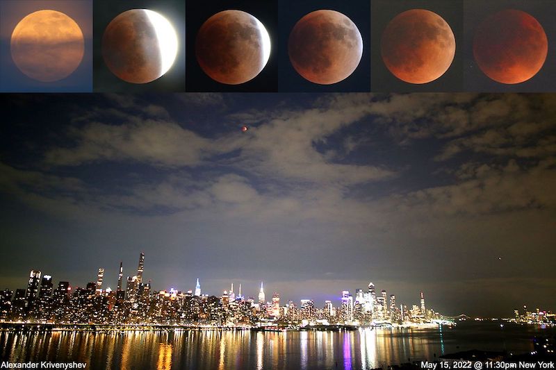 Inset: 6 eclipsed moons above brightly lit New York skyline on horizon beyond body of water.