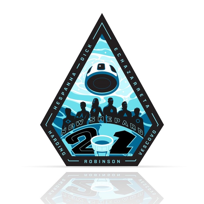 Diamond-shaped black and blue image with text and silhouettes of six people and a space capsule.