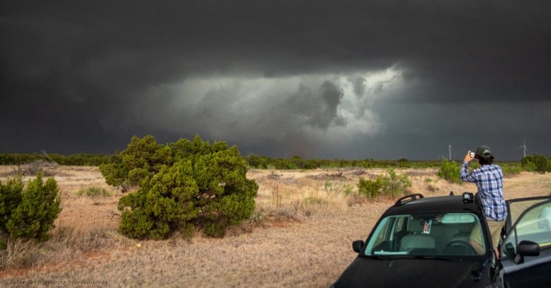 Wall cloud and greenish skies, scrub in foreground, person standing on edge of car taking photos.