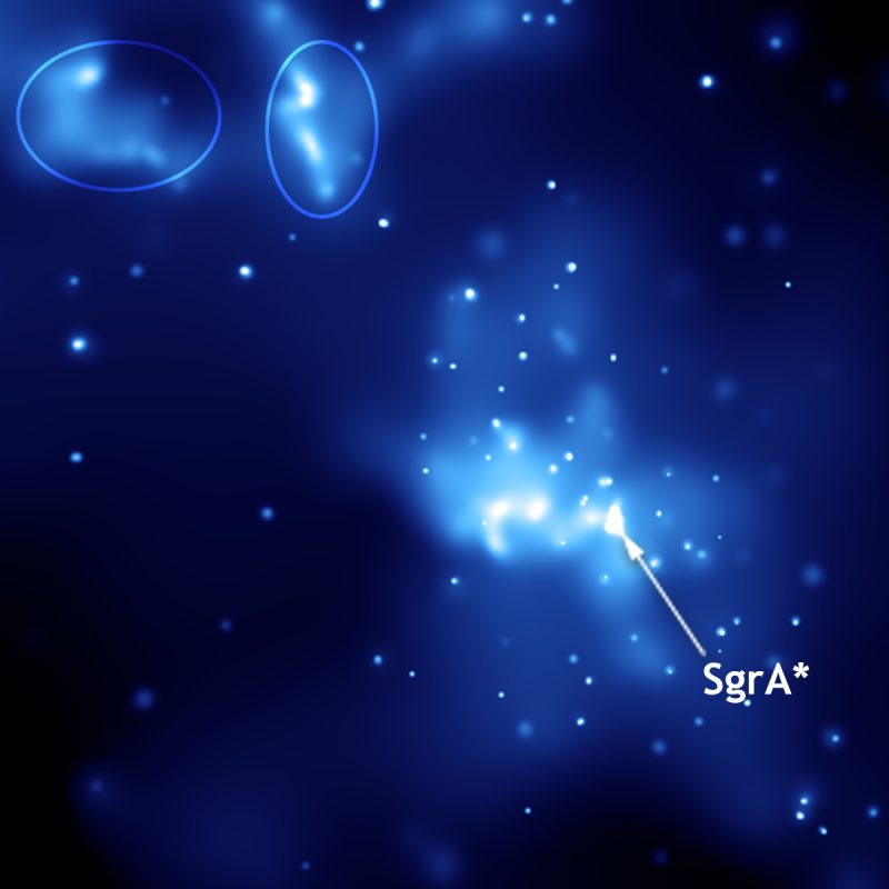 A field of stars and bright blue clouds, with Sag A* marked.