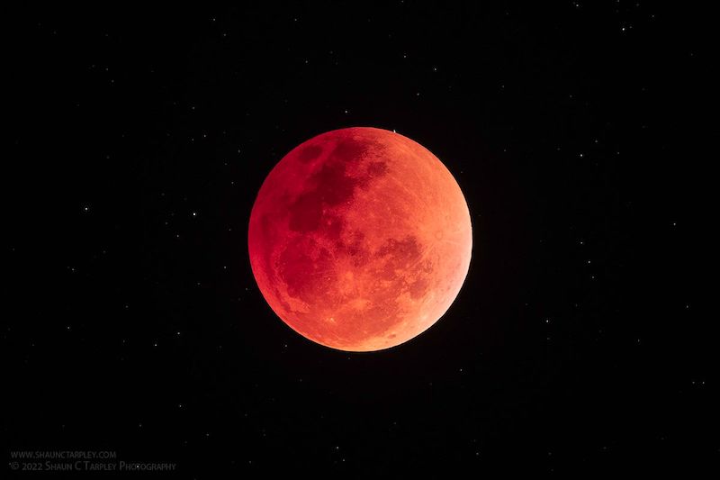 Lunar eclipse: Red full moon in a black background with white dots.
