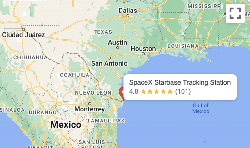 A map showing location of Starbase, near the Texas-Mexico border, on the Gulf of Mexico.