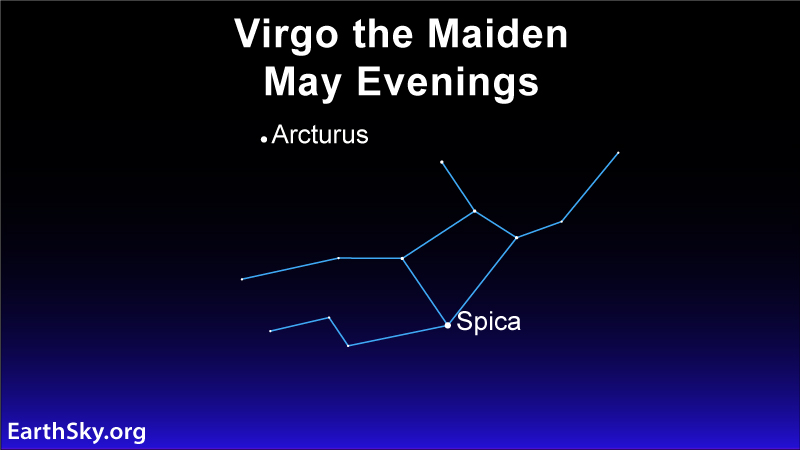 Lines and dots forming a polygon with arms and legs, it is labeled Spica. Arcturus is above.