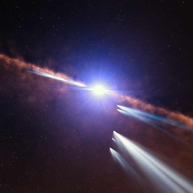 30 exocomets: Long white streaks of comets against the dusty orbital plane of a bright star.