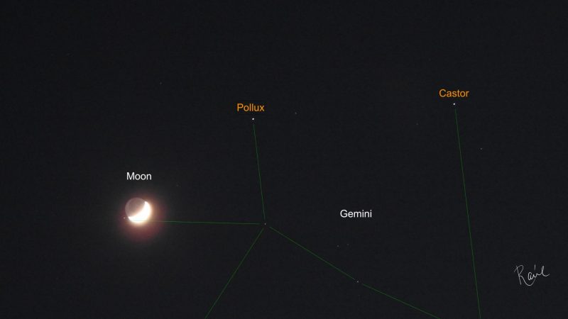Crescent moon on left with dots for Castor and Pollux at right.