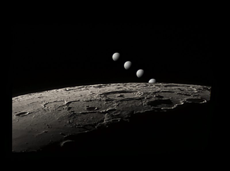 Four small glowing orbs in line, the last halfway behind the edge of a closeup view of the moon.