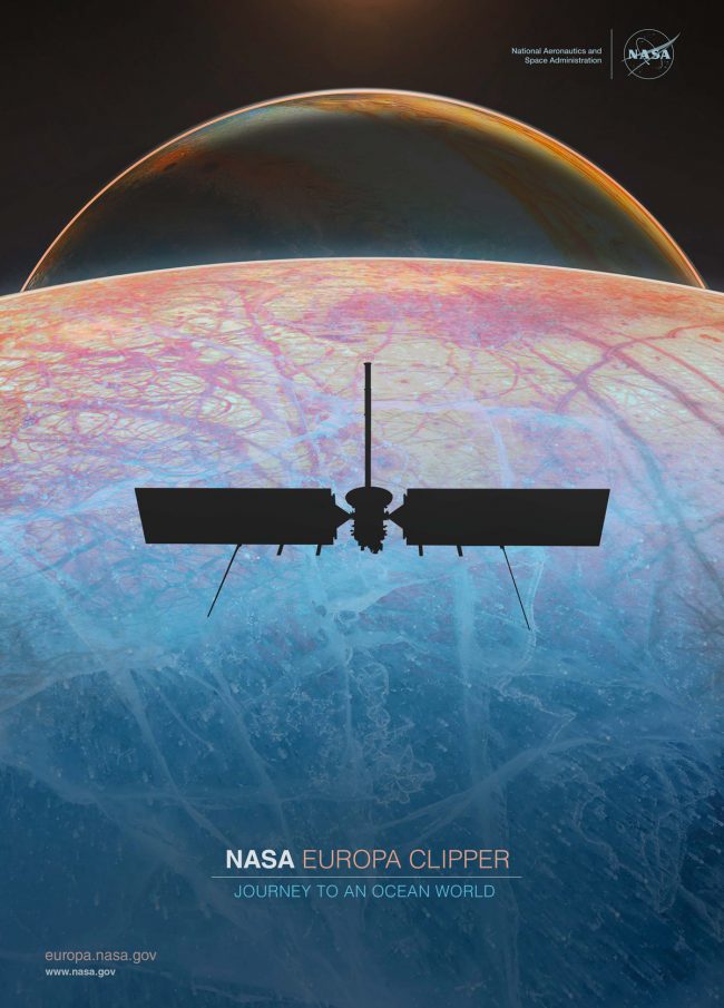 Poster showing spacecraft moving above surface of Jupiter's moon Europa.