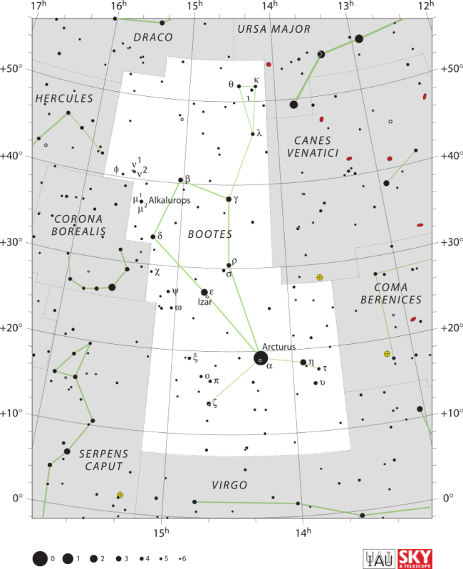 White star chart with black lines and dots drawing out Boötes.