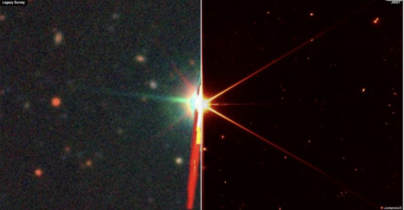 Overlapping images showing different view of a star from Legacy to Webb telescopes.