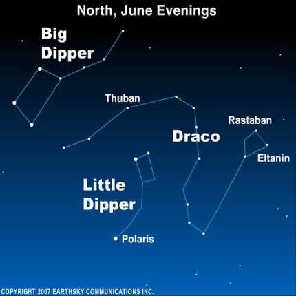 Star chart with dippers, Draco, Thuban.