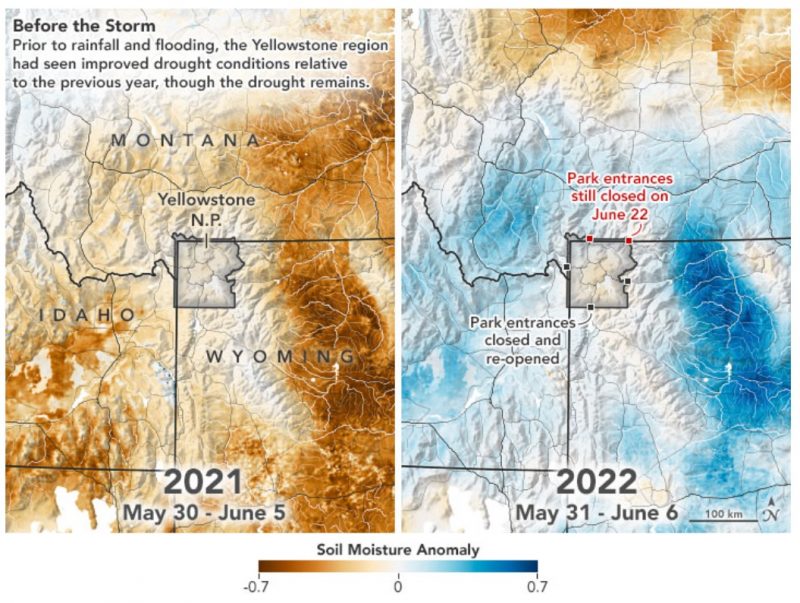 Side by side of Yellowstone map with brown colors on left and blue on right.