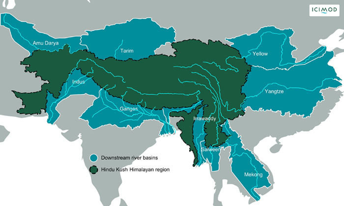 Earth's 3rd pole: Map of Hindu Kush Himalayas mountain range and the Tibetan Plateau.