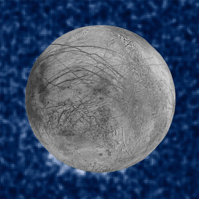Planet-like body covered with many thin curving lines with bright spots at the bottom, on mottled blue background.
