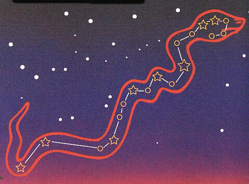 Stars of Hydra with long wiggly snake outline around them in red.