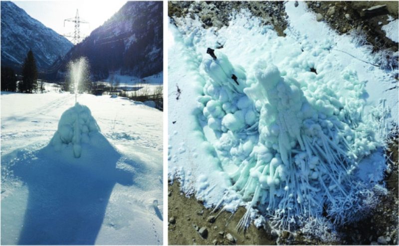 Left: water spurting from top of smaller cone of ice. Right: ice cone from above.