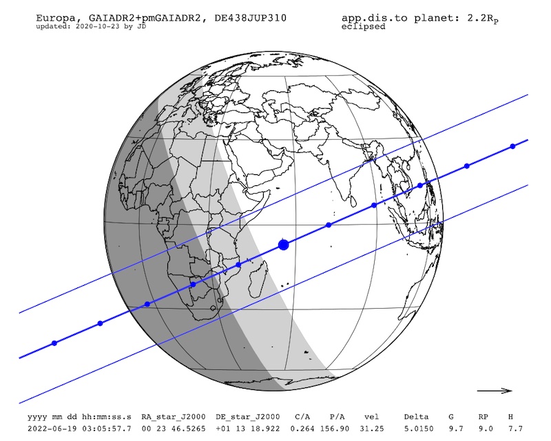 Sketch of Earth with blue lines indicating path of visibilty for Europa occultation.