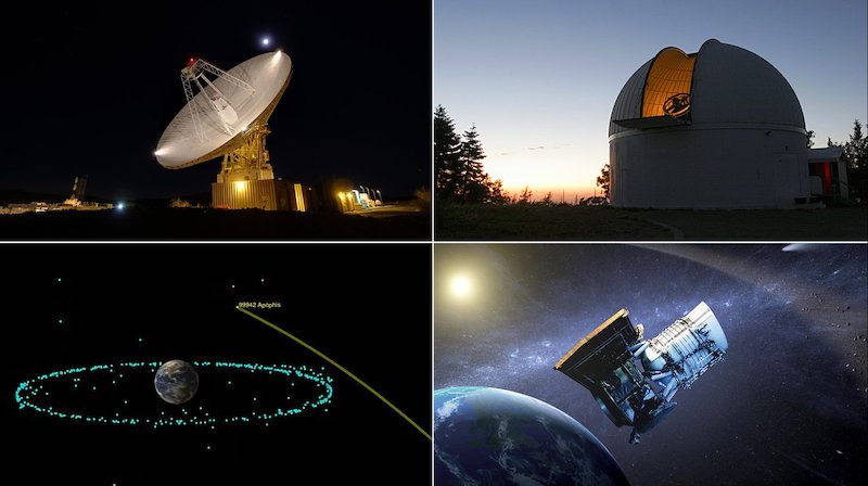 Planetary Defense: четыре изображения с 3 разными обсерваториями и иллюстрация кольца обломков вокруг Земли с линией, показывающей путь астероида.