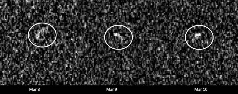 Pixelated images showing blurry asteroid on 3 different dates.