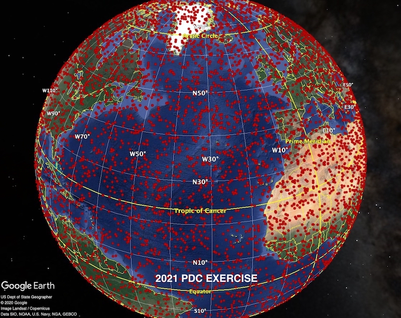 Globe of Earth covered in hundreds of red dots indicating possible impact sites.