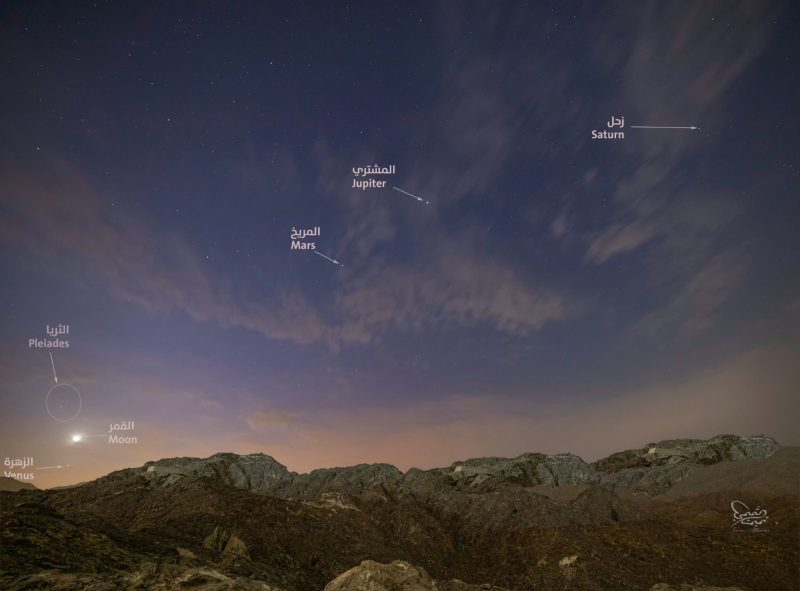 Stars over a mountain with their names written in English and Arabic.