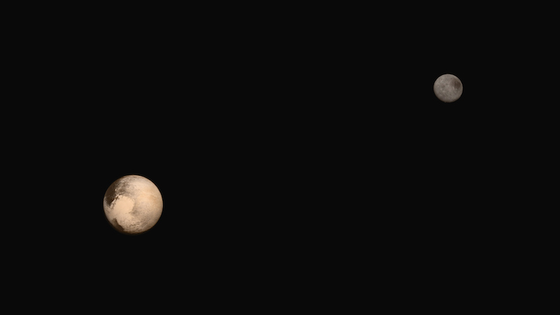 Brownish planet on left with large greyish moon on the right, with black space background.