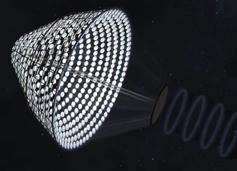 A dish-shaped array of small circular solar power collectors in space.