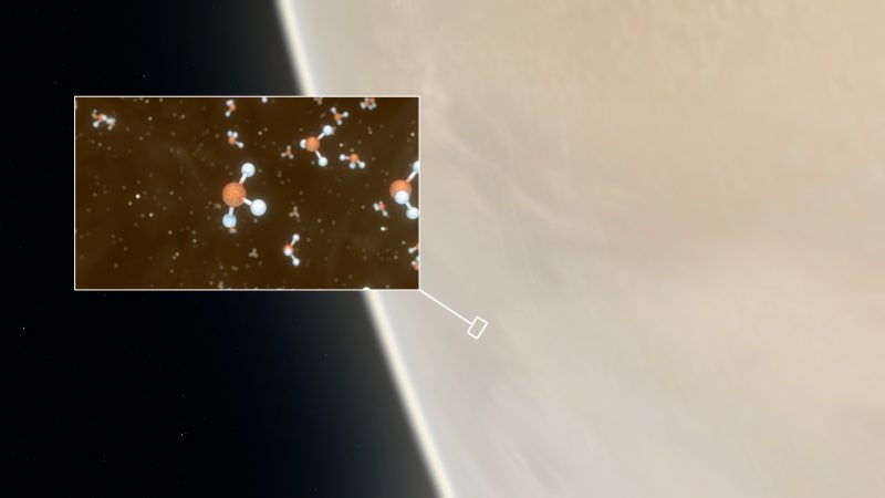 Moléculas en una caja interior rectangular, con la punta del planeta detrás.