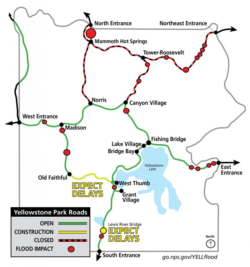 Road map of roads open and closed in Yellowstone National Park, June 2022.