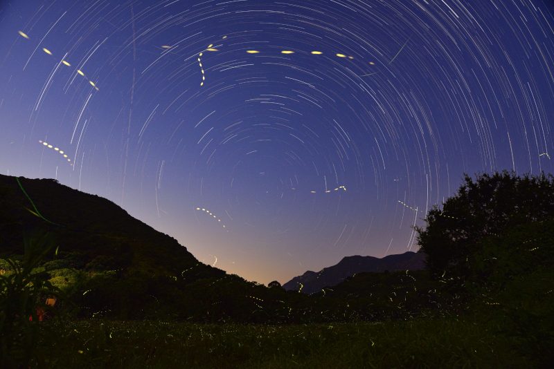 Short, curved yellow dotted lines and concentric star trails against twilight sky over dark hills.