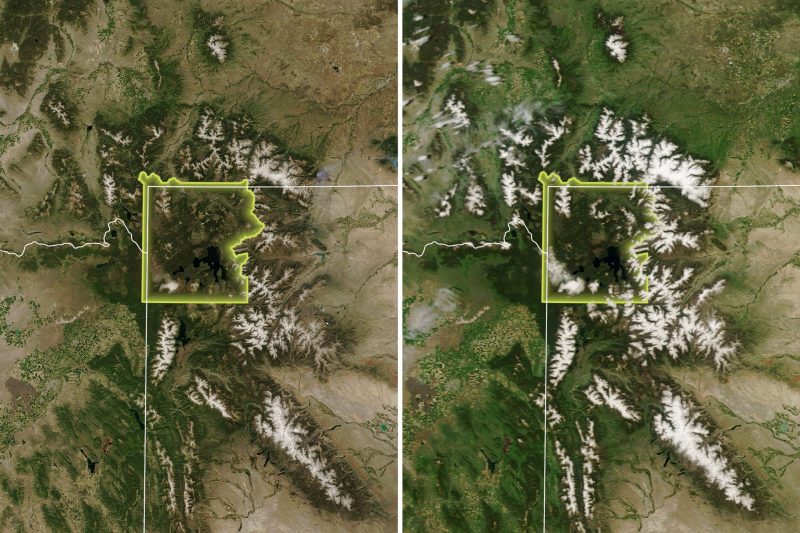 Side by side satellite image of Yellowstone with more snow on the right.