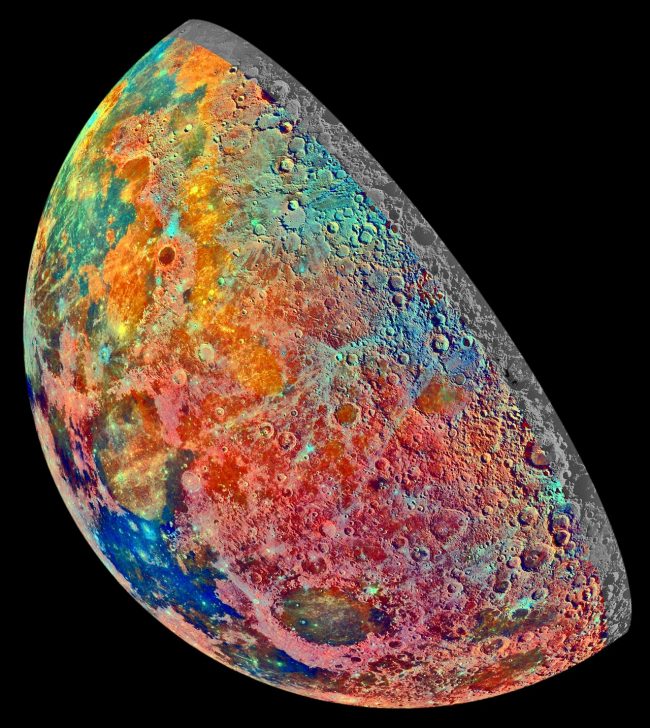 Slightly-greater-than-half moon, in false color.