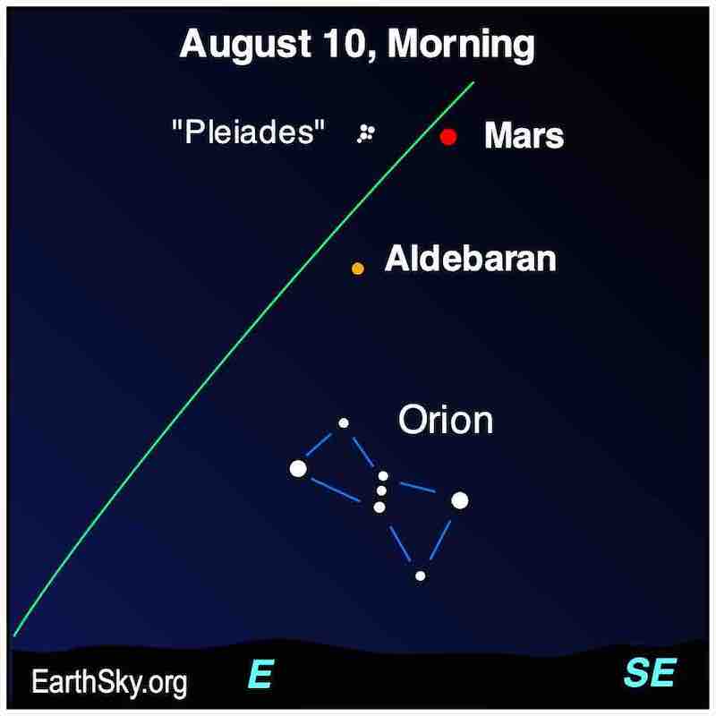 Mira Marte y las Pléyades el 10 de agosto a la mañana